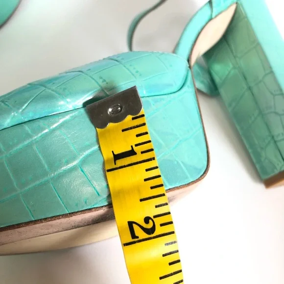 Green Capri Ice Iridescent Soft Crocodile Embossed Platform Heel Block Sandals - Picture 13 of 17
